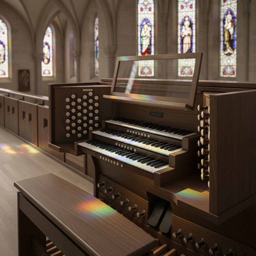 The image is of an organ in a church. A church pew runs the length of the frame behind the organ. There are three stained-...
