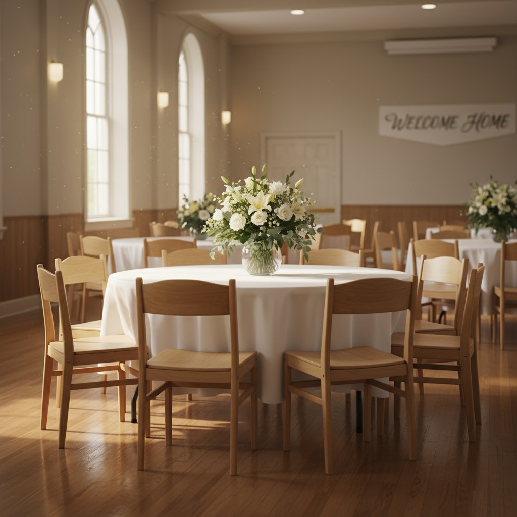 A large room with several round tables and chairs, each adorned with a vase of white flowers, in a church or community cen...