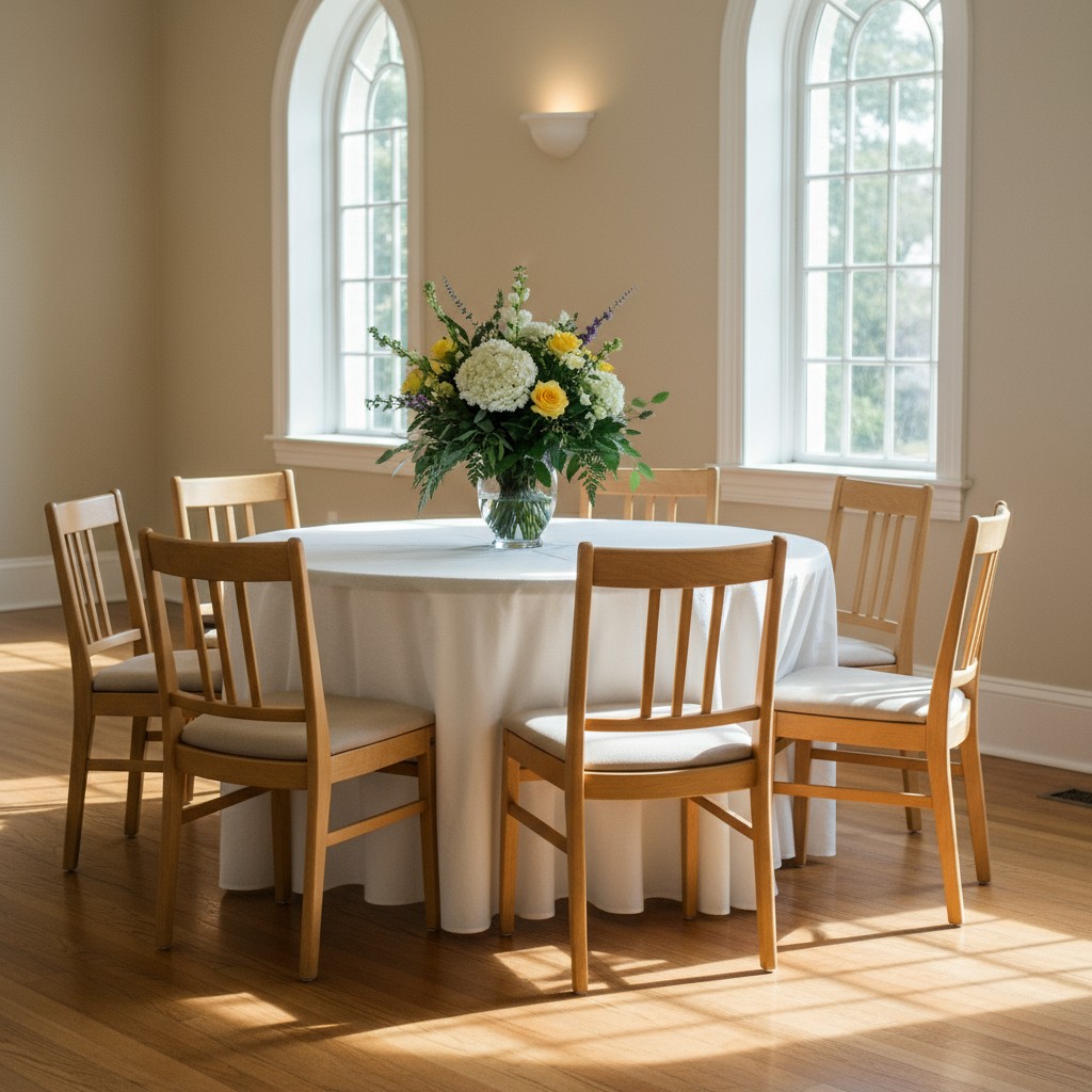 A visual description of the image. A round table made of wood stands in a room, adorned with a round elegant white linen t...