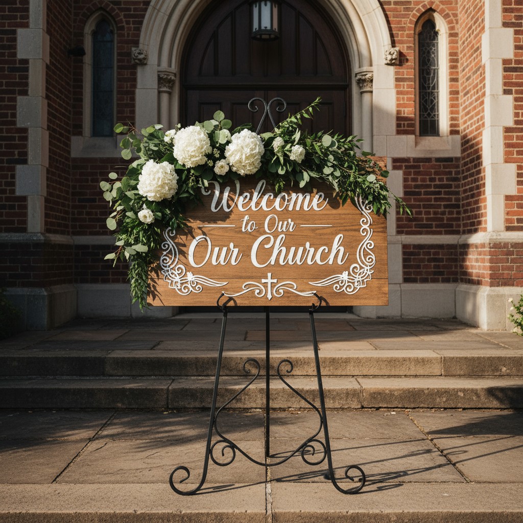 "Welcome to Our Our Church sign in front of a church entrance."