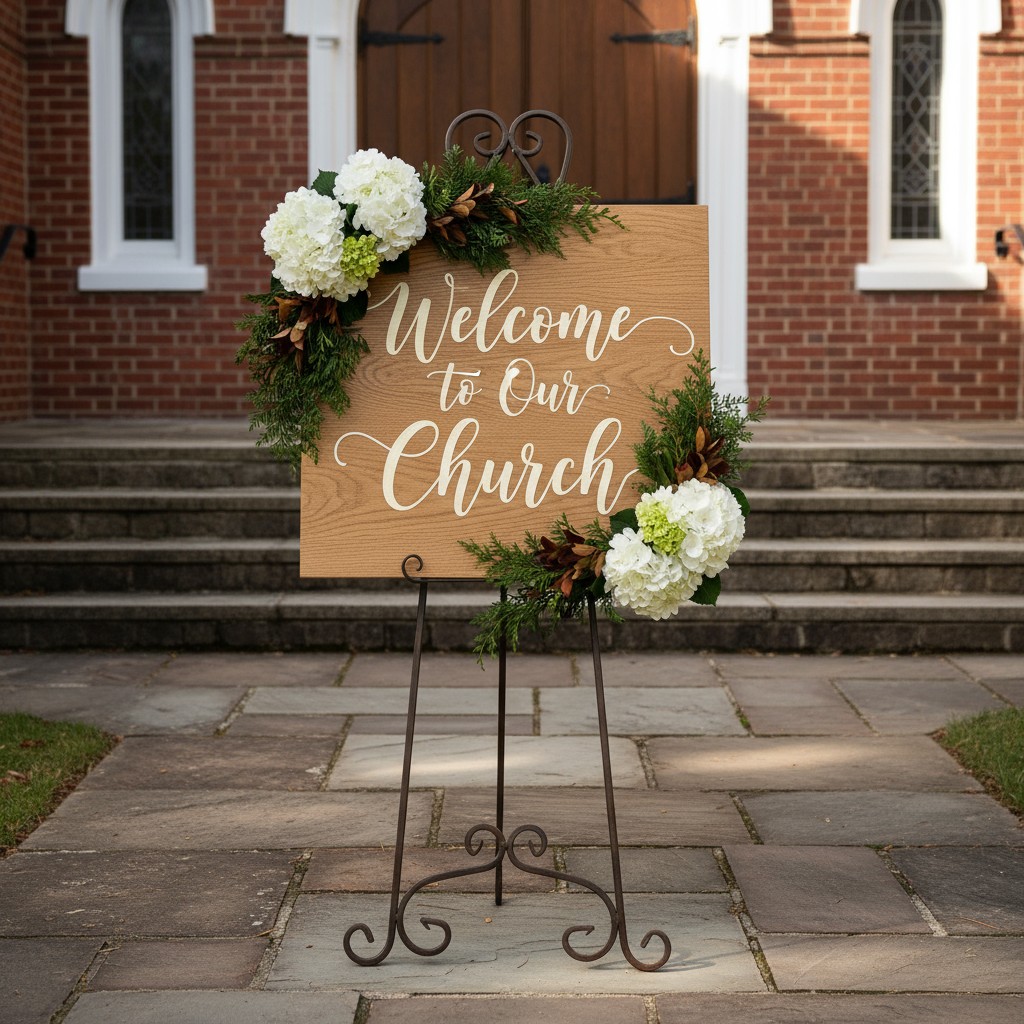 Welcome to Our Church sign on metal stand with flowers and greenery at the entrance of a brick church.