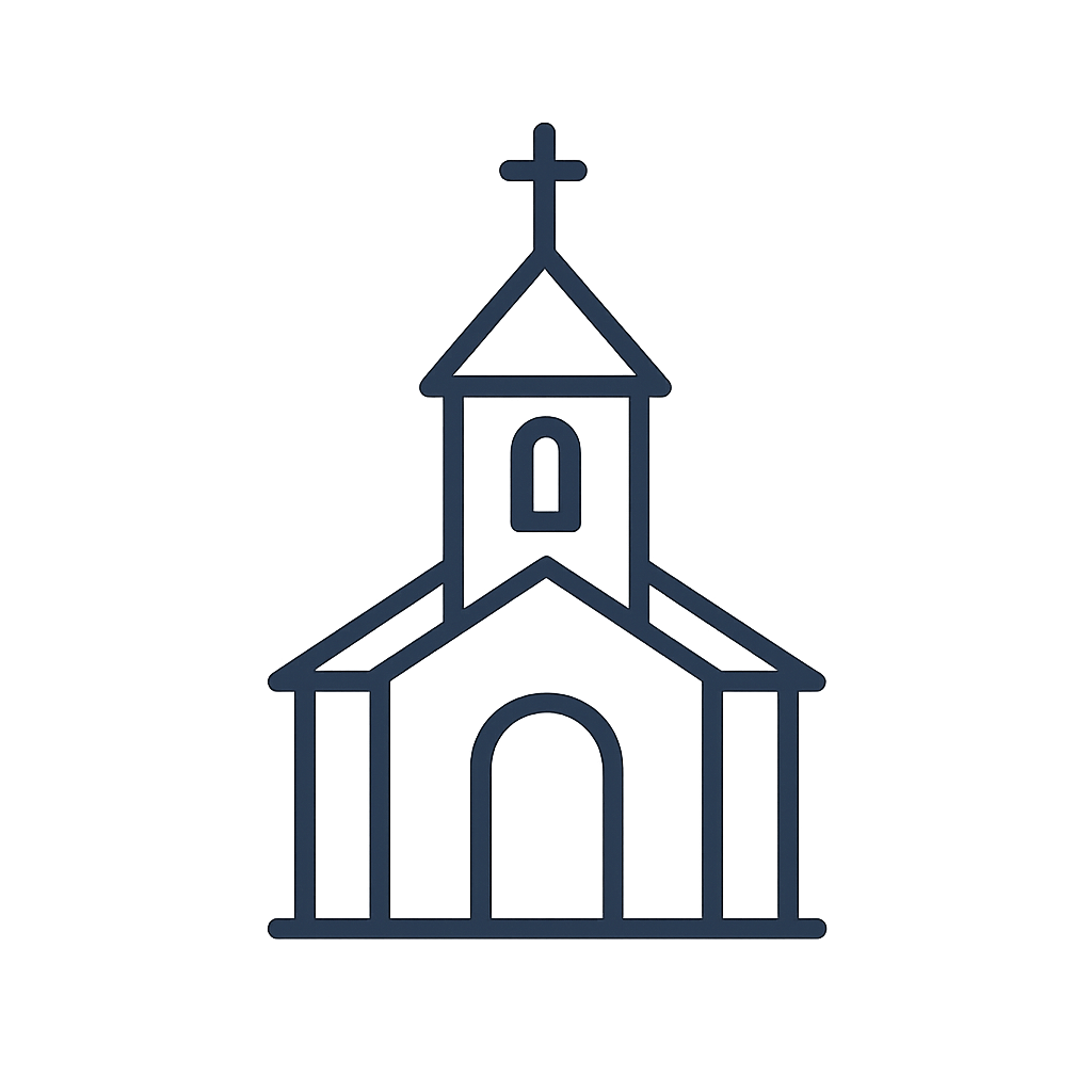 An illustrated icon of a gray sketch of a church against a black background. Includes 1 bell tower, arched doors, and a cr...
